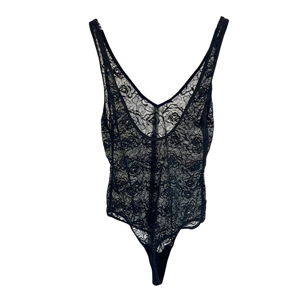 Aritzia Wilfred Black Floral Lace Bodysuit Sheer V-Neck Thong Chic - Size Medium